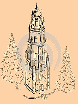 Vector illustration of the tower of the castle on the background of the forest