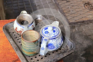 Old tea set by the road