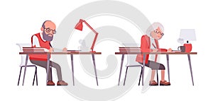 Old teacher, female, male senior professor, university tutor at desk