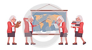 Old teacher, female senior professor, university, school tutor at map