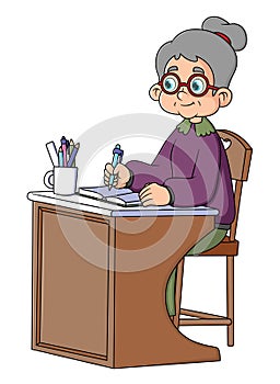 Old teacher, female, senior professor, university tutor at desk. Busy experienced elderly master