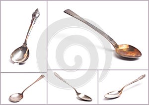 Old teaspoons collage isolated on white background