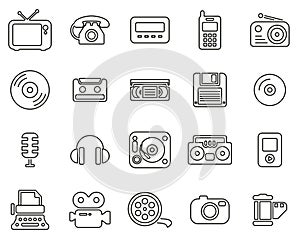 Old Technology Icons Black & White Thin Line Set Big