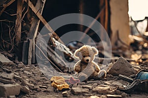 Old teddy bear in ruins of house. Destruction of building after fighting, war, earthquake, natural disaster. Child
