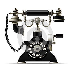Old telephone on white. Retro rotary dial black phone