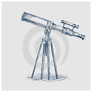 Old telescope hand drawn blue sketch vector