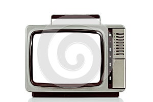 Old television with cut out screen isolated on white.