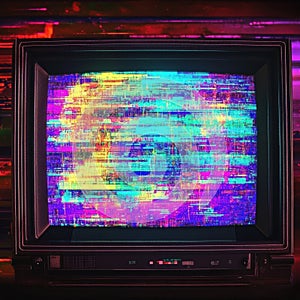 Retro television screen displaying vibrant static noise and colorful glitch patterns in a digital art style. Generative