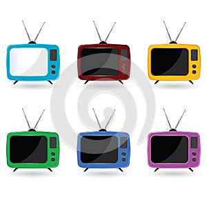 Old television in six colors with antenna