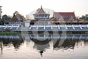 The old temple in the evening along with Khot river at Wat Tanod, Phra Nakhon Si Ayutthaya, Thailand