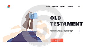 Old Testament Biblical Stories Landing Page Template. Moses Stand On Mountain With Ten Commandments. Prophet Moses