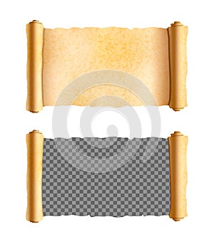 Old textured horizontal wide papyrus scroll, mockup with transparent place, template on white