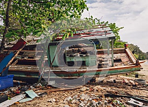 Old thai wooden boat on the beach