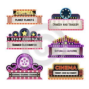 Old theater movie neo light signboards in 1930s retro style. Blank cinema and casino vector banners