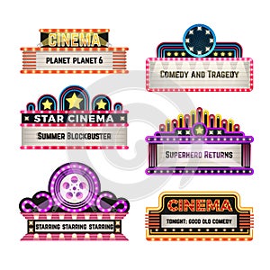 Old theater movie neo light signboards in 1930s retro style. Blank cinema and casino vector banners photo