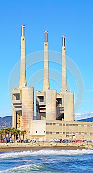 Old thermal power station of the three chimneys in Sant Adria del Besos, Barcelona