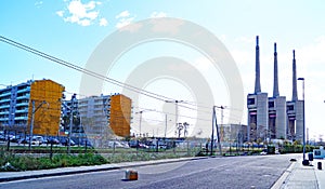 Old thermal power station of the three chimneys in Sant Adria del Besos, Barcelona