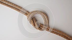 Old thick ropes twisted and tied up creating knot, isolated on white background, close up shot. Two ropes tied in a knot
