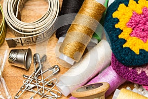 Old thread spools and sewing accessories