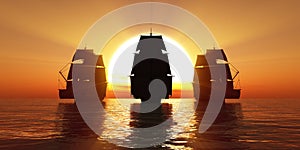 old three ships sunset at sea, 3d rendering