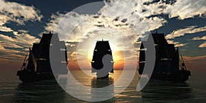 old three ships sunset at sea, 3d rendering
