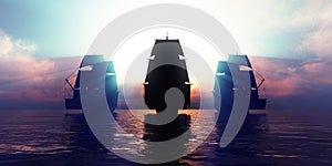 old three ships sunset at sea, 3d rendering