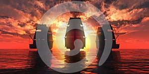 old three ships sunset at sea, 3d rendering