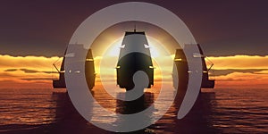 old three ships sunset at sea, 3d rendering