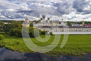 The old Tikhvin Assumption Monastery shooting from a quadcopter