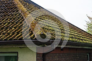 Old tiled roof cover with moss