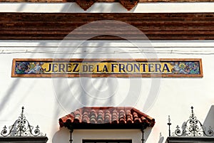 Old tiled sign at the train station in Jerez de la Frontera, Cadiz province, Spain. photo