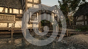 Old timber framed buildings by the shore in a medieval port town 3D rendering