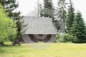 Old timbered village house in open-air museum