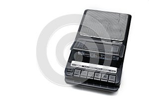 Old-time desktop type cassette recorder on white isolated background