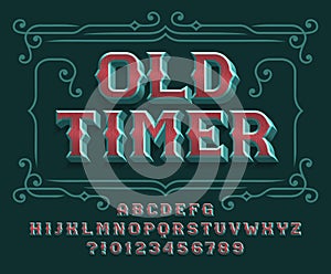 Old Timer alphabet font. Vintage 3d letters, numbers and symbols for label, badge or emblem design.