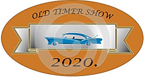 Old Timer subtitles. Orange background, blue car. photo
