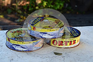 Old tin can with canned fish. conservas de pescados. Ortiz.