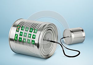 Old tin cans telephone with buttons, global communication concept