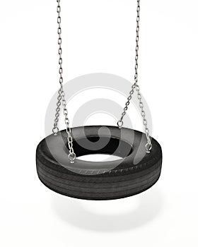 Old tire swing on chains, isolated on white background