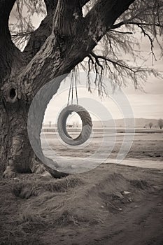 old tire swing hanging from a tree branch in rural setting