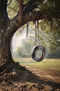 old tire swing hanging from a tree branch in rural setting