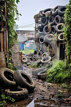 old tires stacked in an abandoned dumpsite