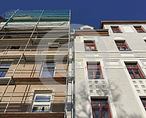 Old to new, Wilhelminian style old residential building, facades before and after renovation