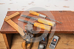 Old tools. Chisels, a screwdriver and a square are on the shelf. Planers on a wooden table