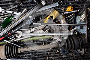 Old tools on floor in workshop, Tool in vintage garage style. Flat lay Old hand tools ,Pliers screwdriver wrench rusted iron metal