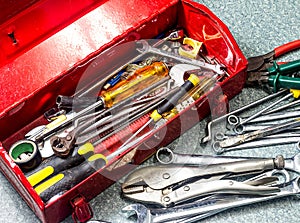 Old tools and red tool box