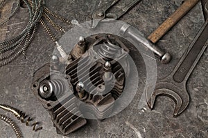 Old tools set on a vintage metallic background