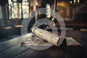 Old Torah scroll ancient papyrus on desk a table