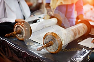 old Torah scroll book close up detail Jewish books of Tora in the synagogue