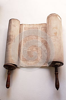 Old torah scroll book close up detail. Torah, the Jewish Holy Book